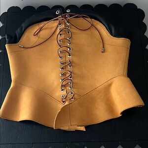 Stylish Tan Corset Top with Black Accents